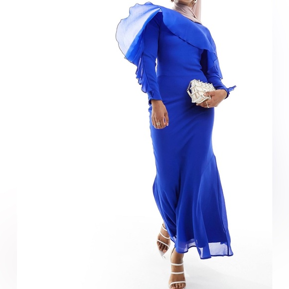 🆕NWT ASOS DESIGN modest dressy long sleeve ruffle bias maxi dress w/ cape detail - Picture 2 of 11
